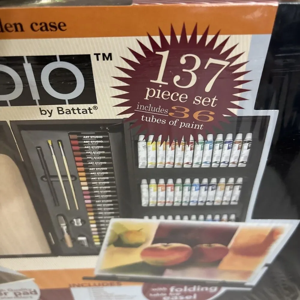Battat Art Studio 2-Level Wooden Case 137 Piece Set, Includes 36 tubes of paint